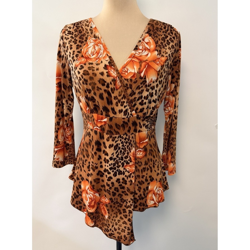 VTG Women Mesh Babydoll Top Asymmetrical Fairy Leopard Floral V-neck Y2K‎ Large